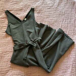 Grey tie waist wide leg jumpsuit